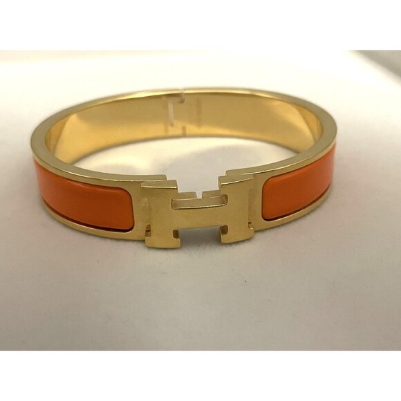 Hermès Clic H Enamel Bracelet Orange & Gold Plated Womens - Picture 1 of 6